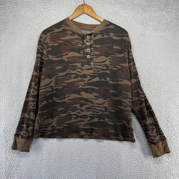 Vintage Old Navy Thermal Shirt Men's Medium Brown Black Camo Henley All Over Y2K - Picture 1 of 10